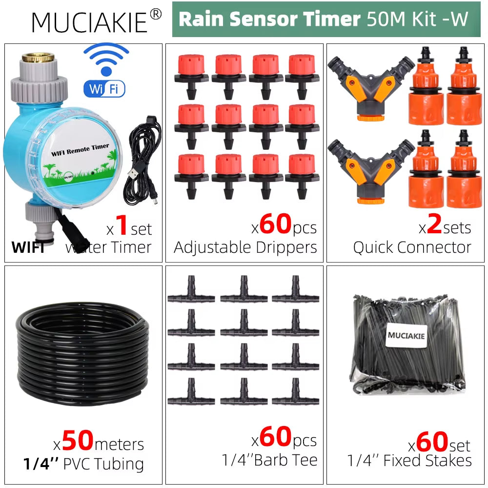 50M-5M DIY Drip Irrigation System Automatic Watering Garden Hose Micro Drip Watering Kits with Adjustable Drippers