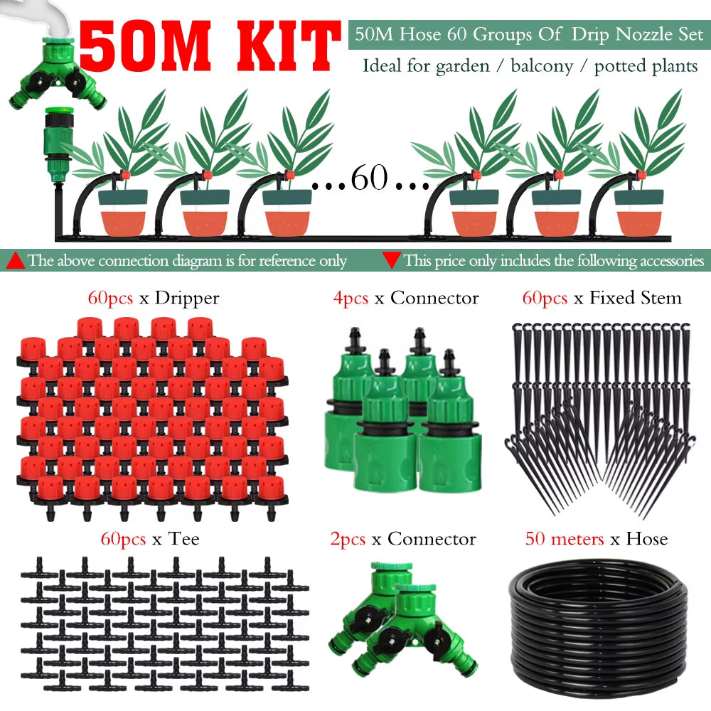 50M-5M DIY Drip Irrigation System Automatic Watering Garden Hose Micro Drip Watering Kits with Adjustable Drippers