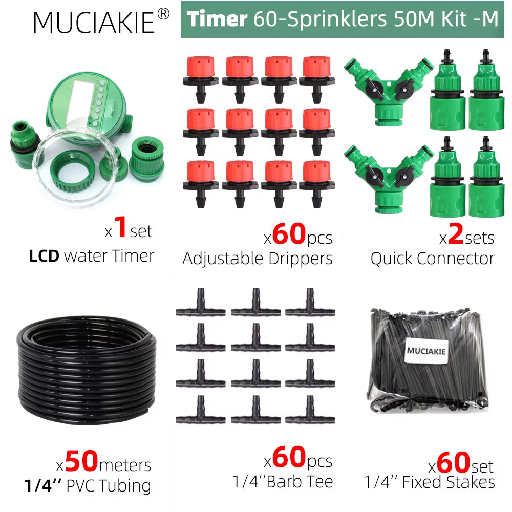 50M-5M DIY Drip Irrigation System Automatic Watering Garden Hose Micro Drip Watering Kits with Adjustable Drippers